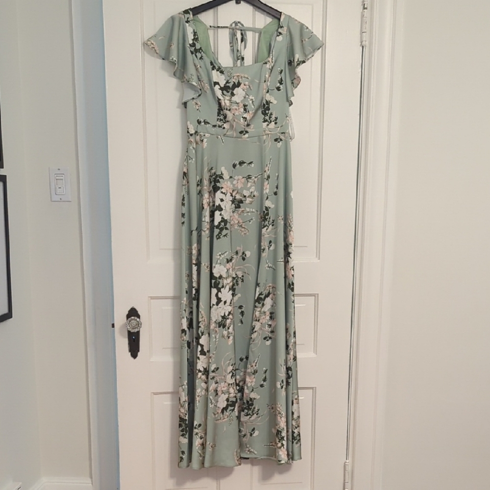 Azazie Green Flutter Sleeve Maxi Dress for Weddings